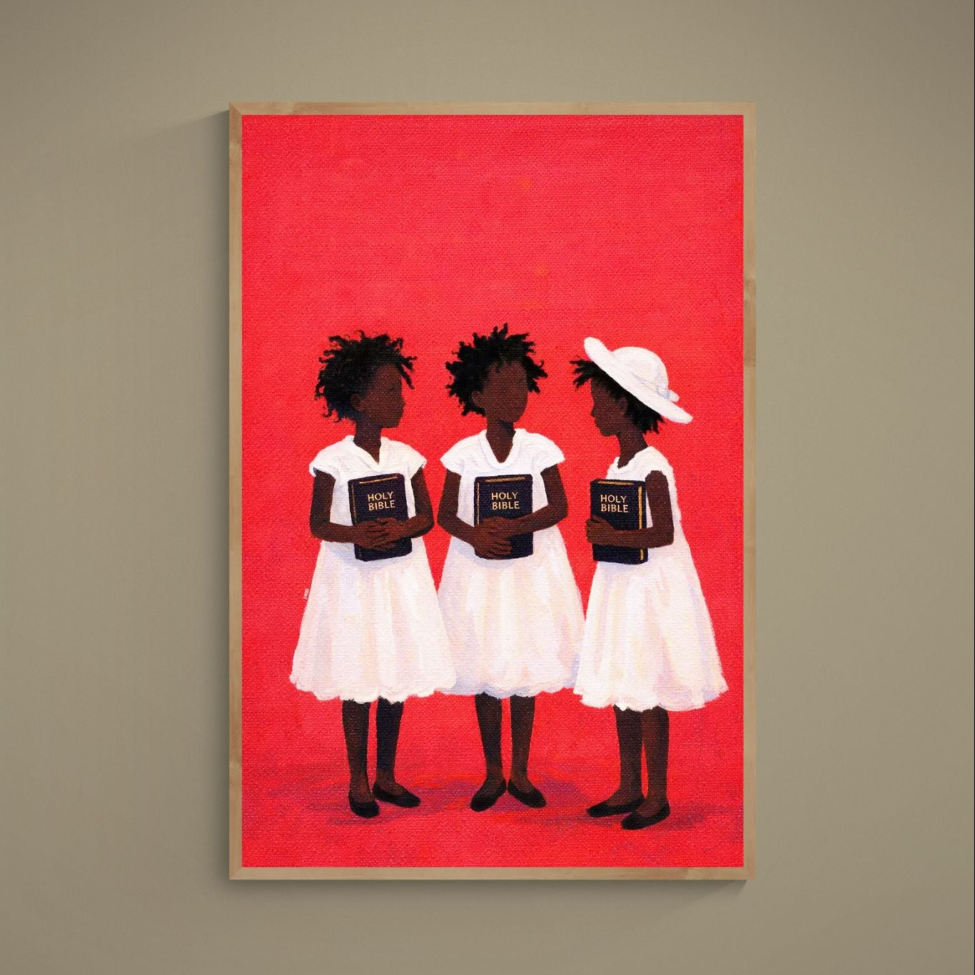 Three young Black girls in white church dresses holding gold-lettered Bibles on a red background