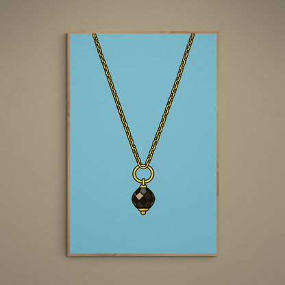 Black faceted protection bead pendant on gold chain against blue background
