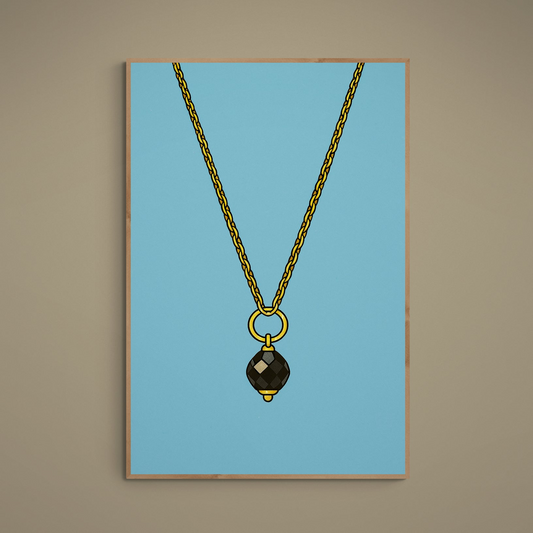 Black faceted protection bead pendant on gold chain against blue background