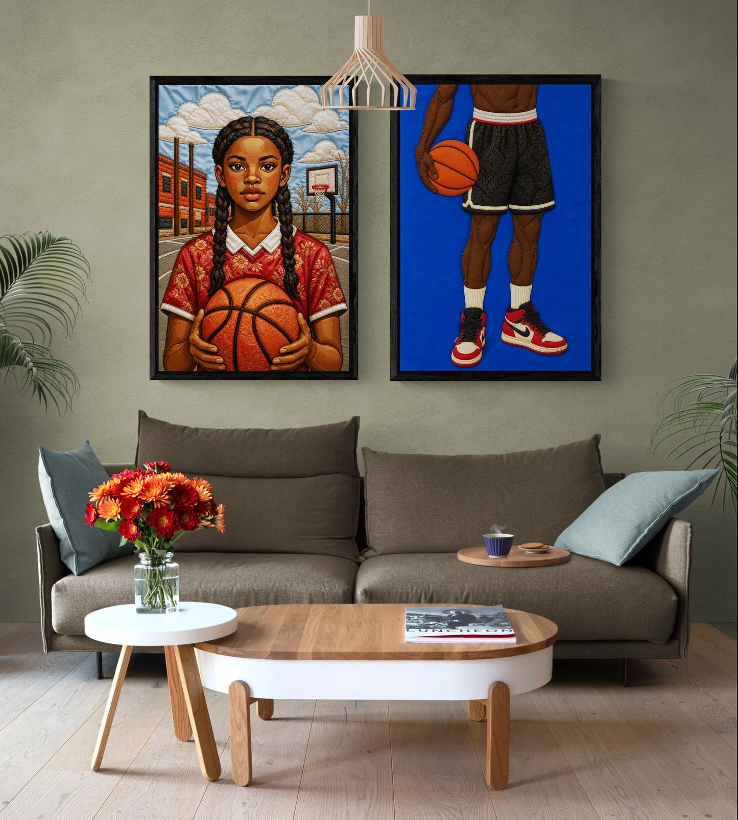 Quilt-Inspired Black Girl Basketball Framed Canvas Textile-Style