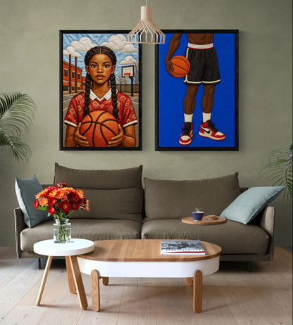 Quilt-Inspired Black Girl Basketball Framed Canvas Textile-Style