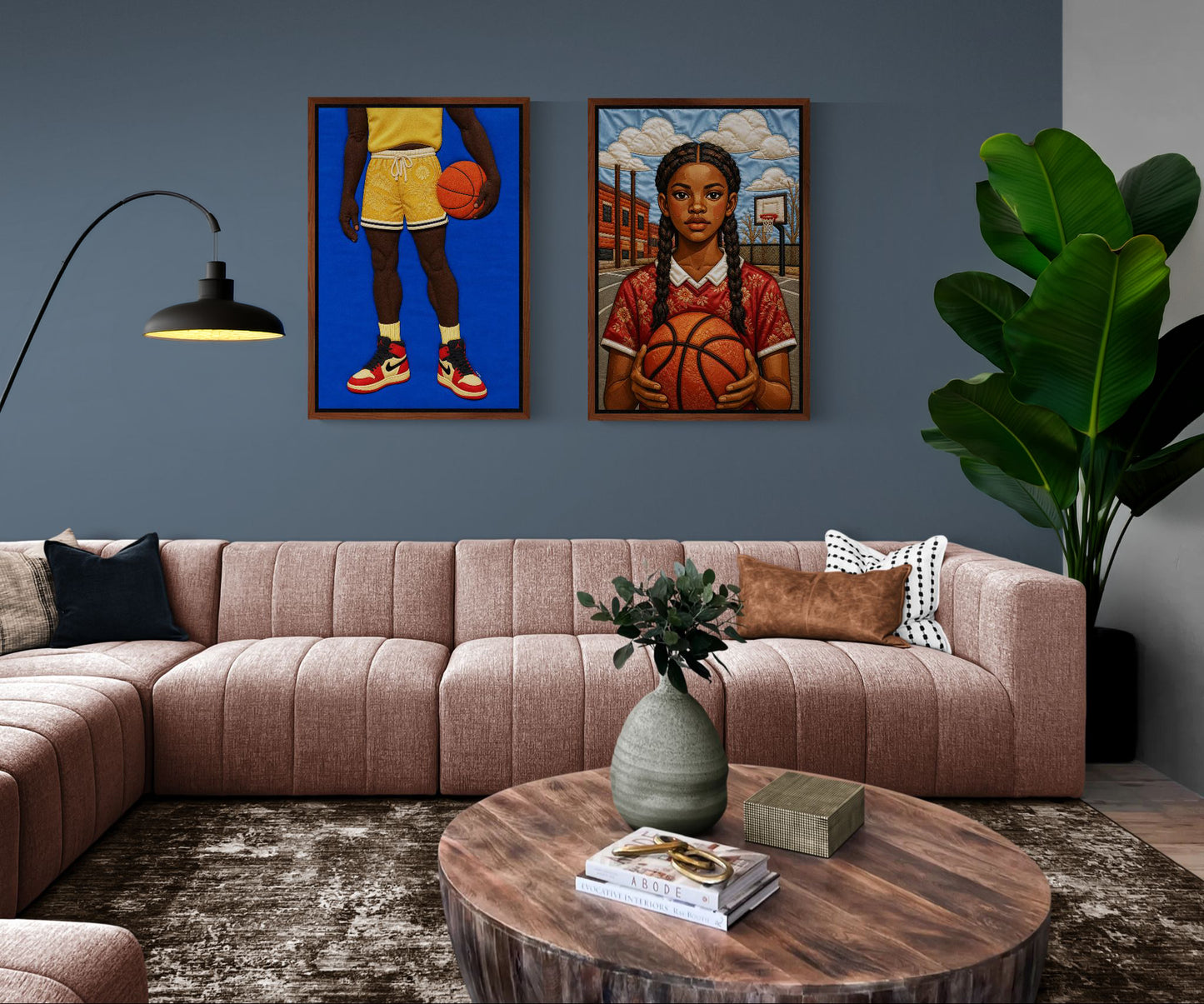 Quilt-Inspired Black Girl Basketball Framed Canvas Textile-Style