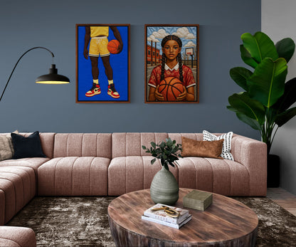 Quilt-Inspired Black Girl Basketball Framed Canvas Textile-Style
