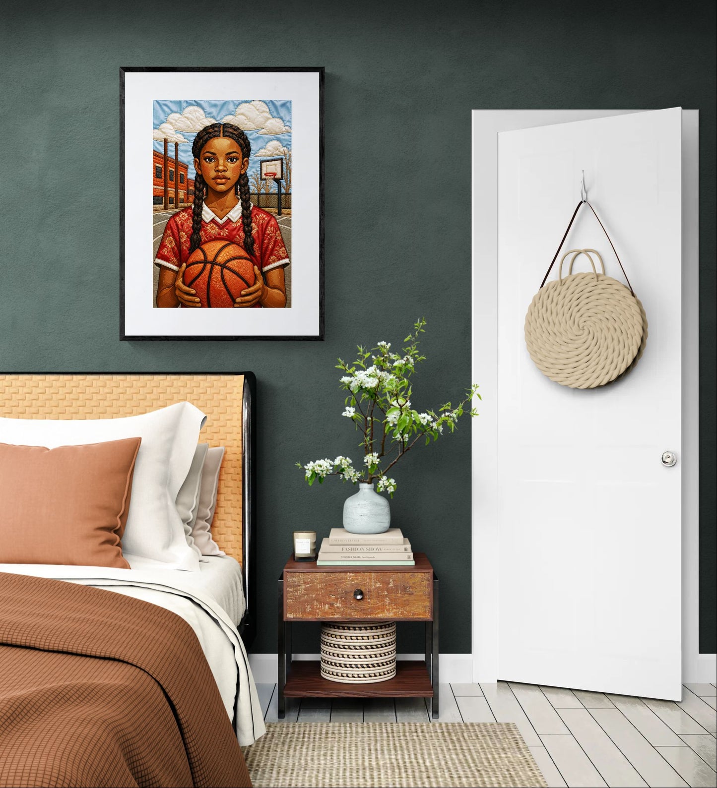 Schwarzes Mädchen beim Basketball - quilt-inspiriertes, mattes Poster - Bisa Butler Style