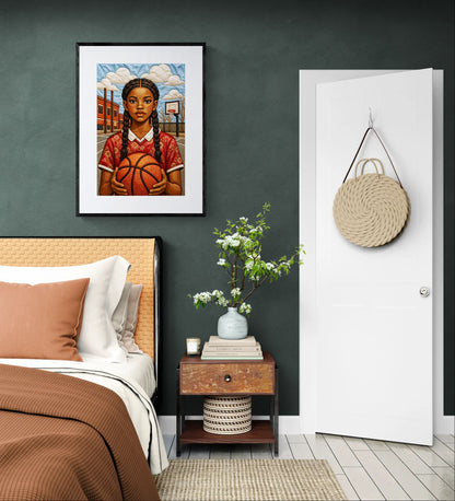 Schwarzes Mädchen beim Basketball - quilt-inspiriertes, mattes Poster - Bisa Butler Style