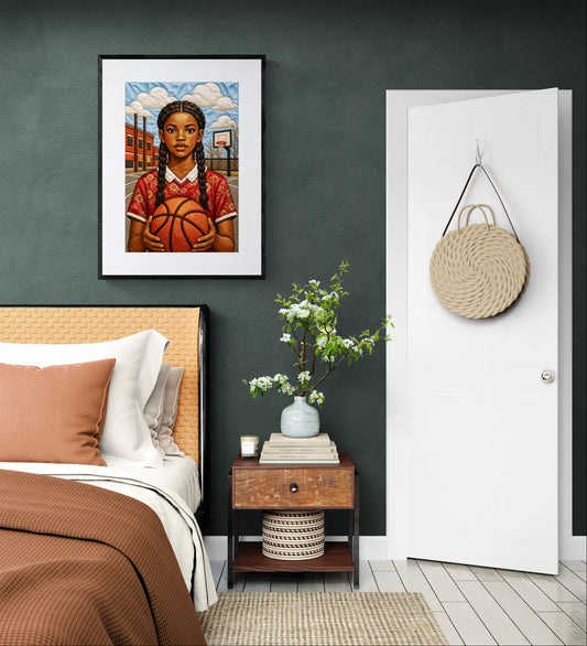Zwart meisje basketbal quilt-geïnspireerde matte poster - Bisa Butler-stijl