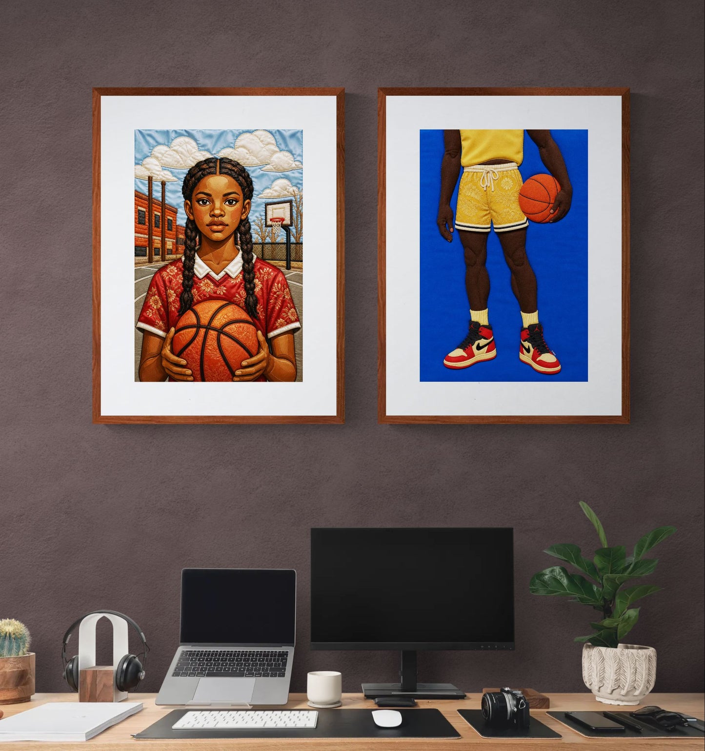 Schwarzes Mädchen beim Basketball - quilt-inspiriertes, mattes Poster - Bisa Butler Style