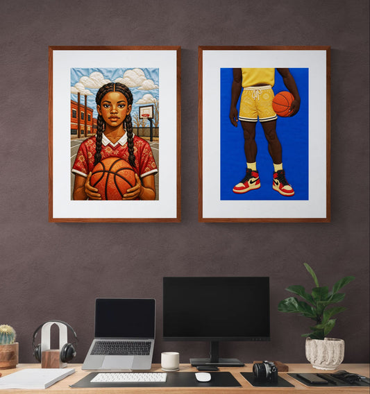 Zwart meisje basketbal quilt-geïnspireerde matte poster - Bisa Butler-stijl