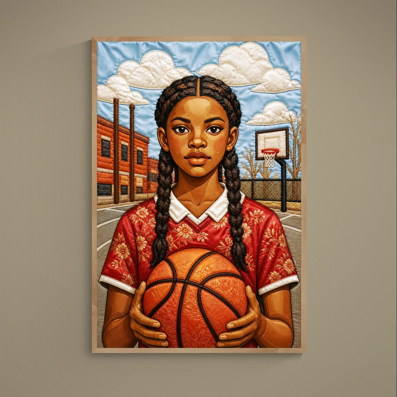 Schwarzes Mädchen beim Basketball - quilt-inspiriertes, mattes Poster - Bisa Butler Style