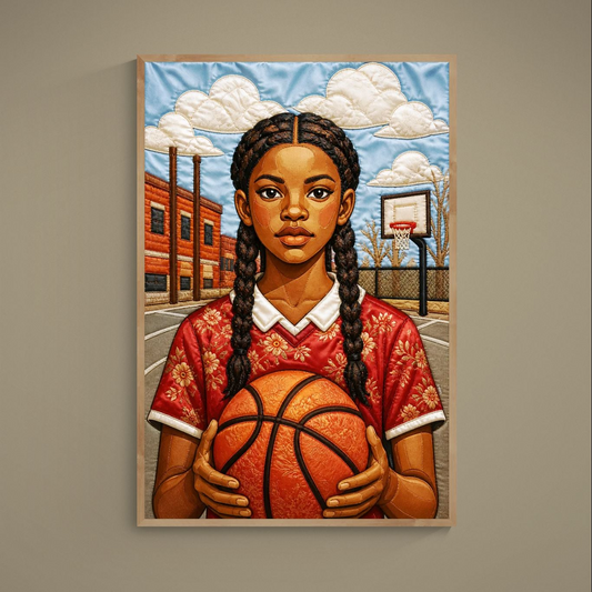 Zwart meisje basketbal quilt-geïnspireerde matte poster - Bisa Butler-stijl