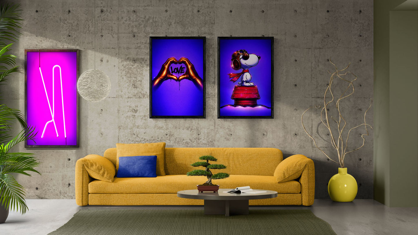 Aviator Dog Framed Canvas Neon Pop-Art - Mid-Century Comic-Strip Style