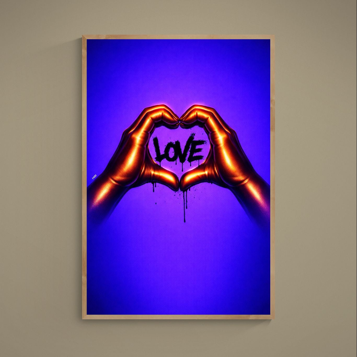 Metallic gold hands forming a heart around 'LOVE' on neon blue-purple gradient pop art poster with graffiti drips