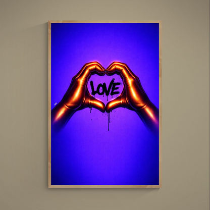 Metallic gold hands forming a heart around 'LOVE' on neon blue-purple gradient pop art poster with graffiti drips