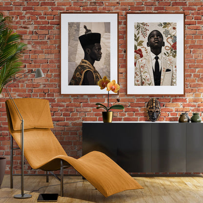 Poster op mat papier met afro-quiltmotief van een zwarte man — Bisa Butler-stijl