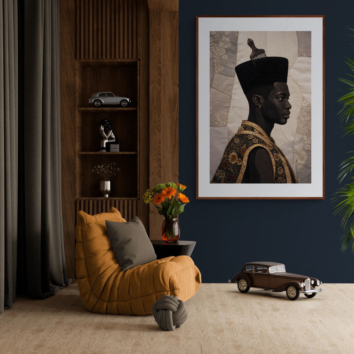 Poster op mat papier met afro-quiltmotief van een zwarte man — Bisa Butler-stijl