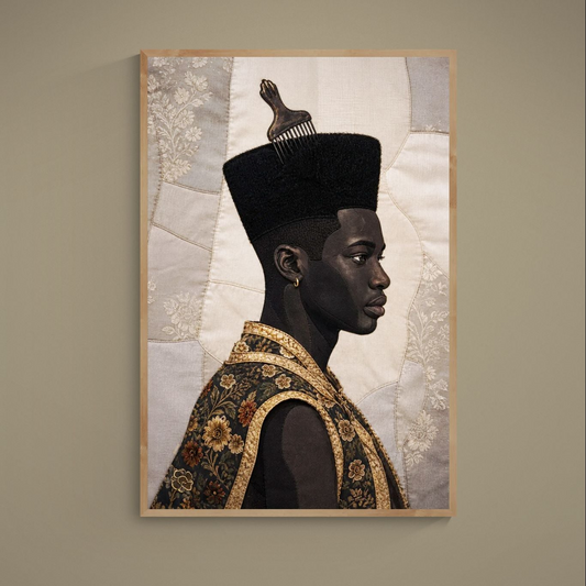 Poster op mat papier met afro-quiltmotief van een zwarte man — Bisa Butler-stijl