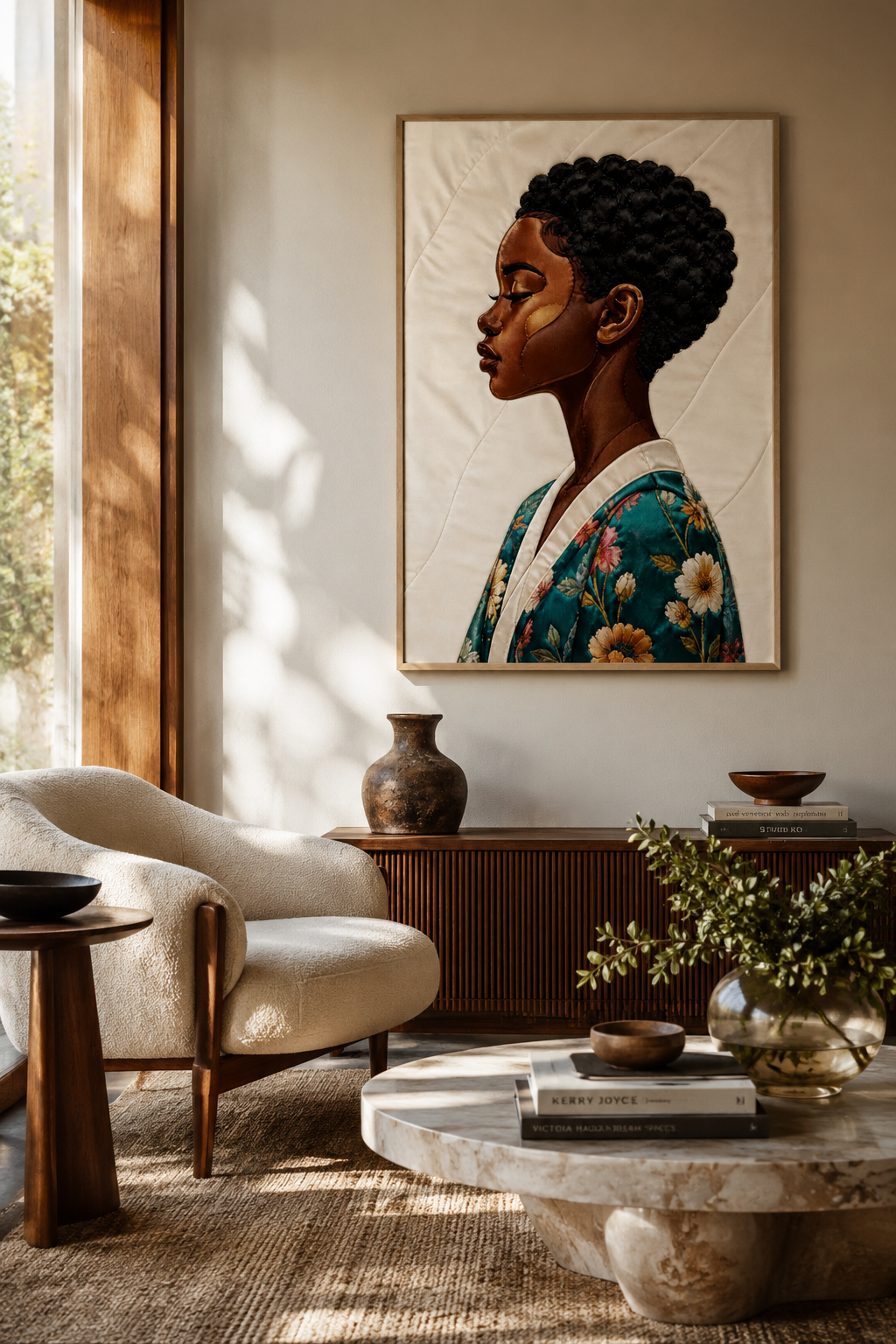Calm Bloom gequilte-stijl matte poster in Bisa Butler-stijl