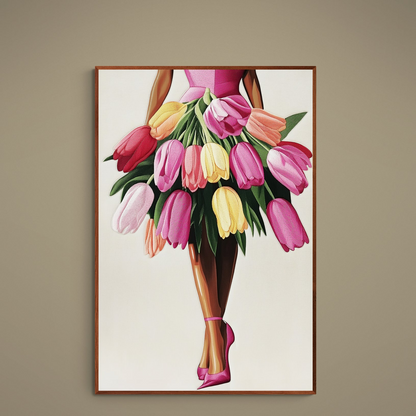 Fashion illustration poster of figure with tulip skirt and pink heels in slim wood frame