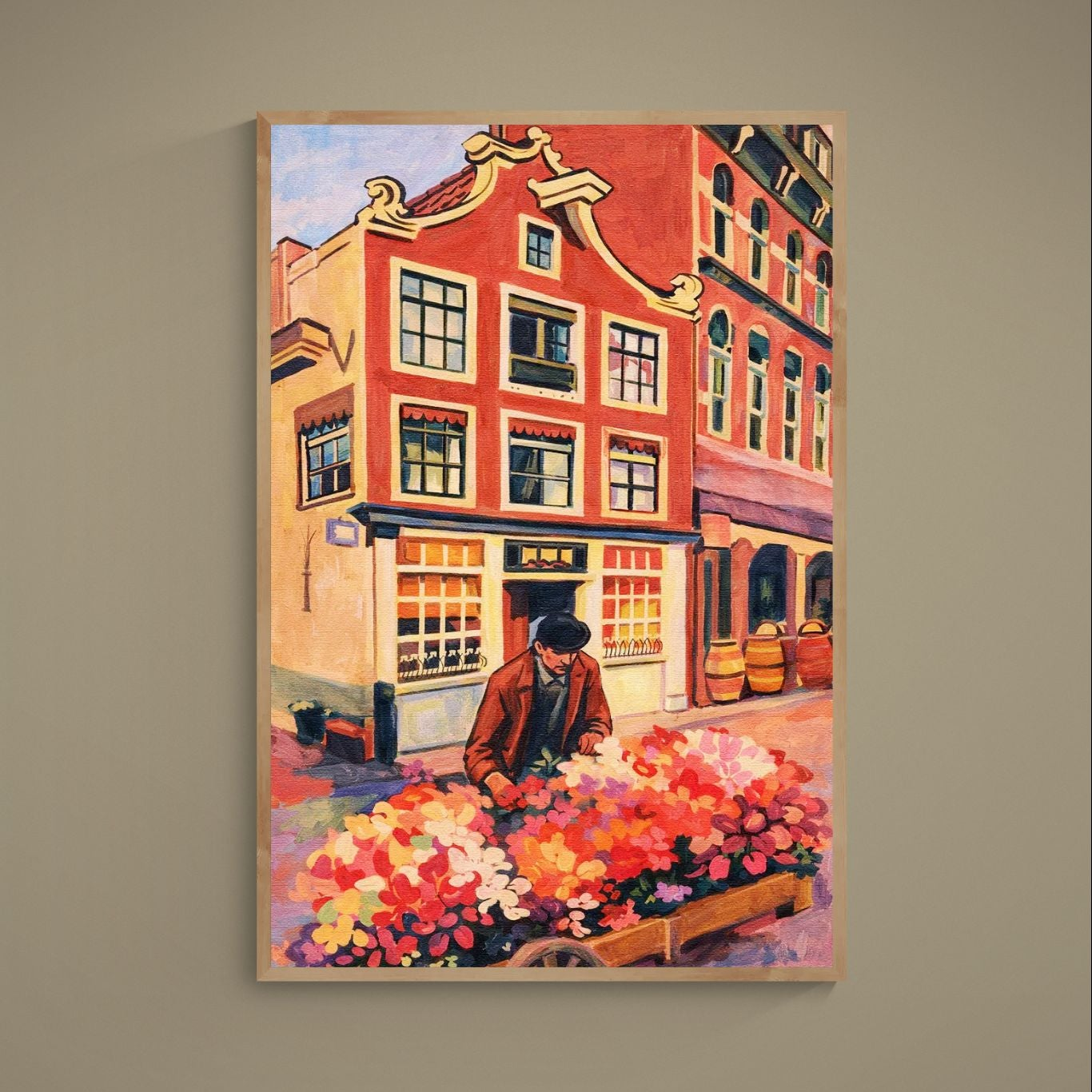 Painterly European street corner poster with red gabled townhouse and flower cart
