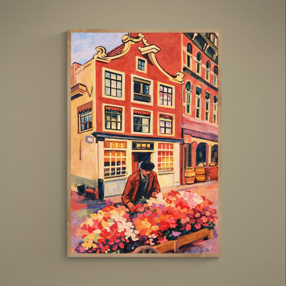 Painterly European street corner poster with red gabled townhouse and flower cart