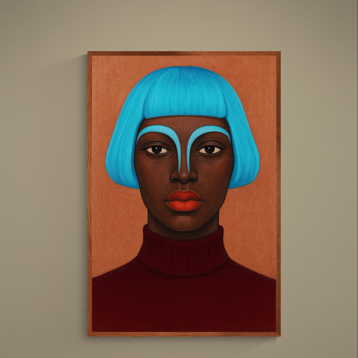Unframed poster of a minimalist portrait with vivid blue bob hair, red lips, and warm brown background