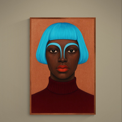Unframed poster of a minimalist portrait with vivid blue bob hair, red lips, and warm brown background
