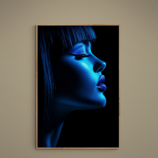 Photorealistic female profile lit by electric blue neon against black on a framed matte poster