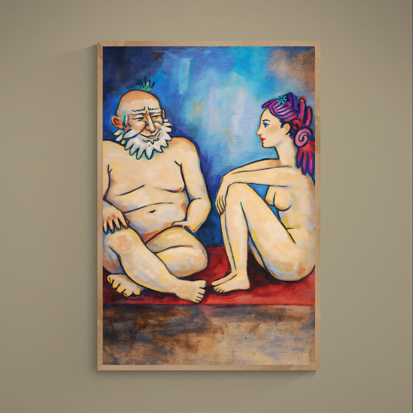 Blue Conversation modern art print of a seated nude couple, expressionist style with black contours on deep blue