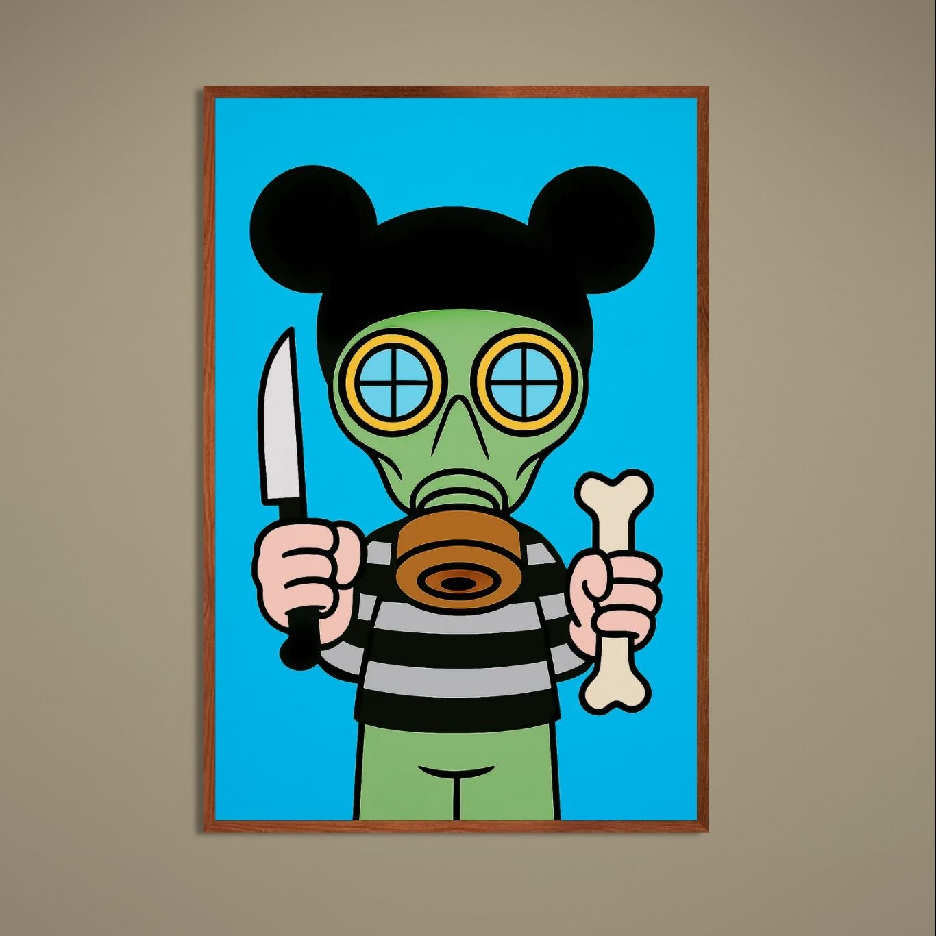Blue Rebel pop art poster with green gas-mask character on turquoise background holding knife and bone