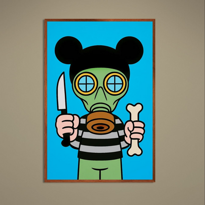 Blue Rebel pop art poster with green gas-mask character on turquoise background holding knife and bone