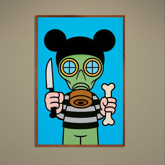 Blue Rebel pop art poster with green gas-mask character on turquoise background holding knife and bone
