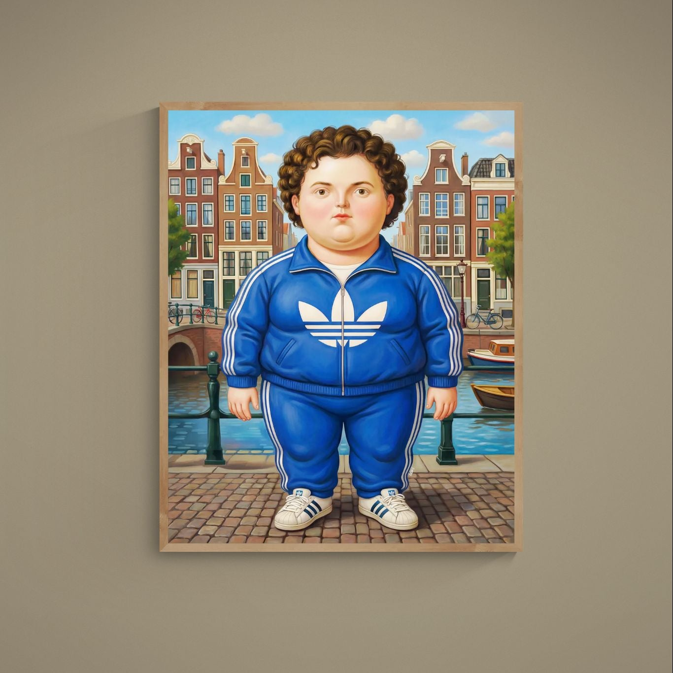Matte poster of rounded figure in blue tracksuit before Amsterdam canal houses and boat
