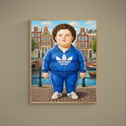 Matte poster of rounded figure in blue tracksuit before Amsterdam canal houses and boat