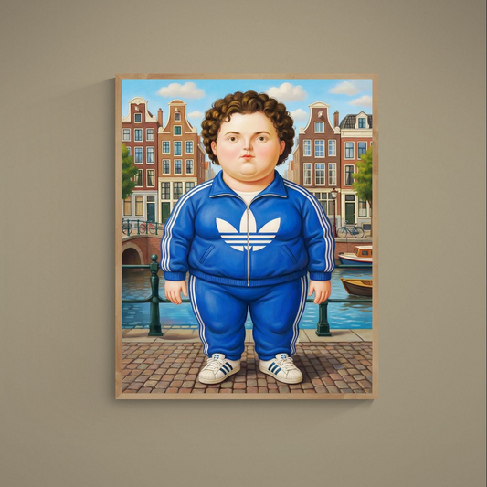 Matte poster of rounded figure in blue tracksuit before Amsterdam canal houses and boat