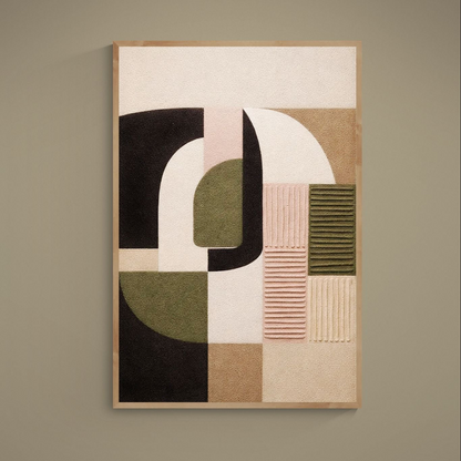 Blush pink and olive green abstract geometric matte poster with arches and stacked blocks