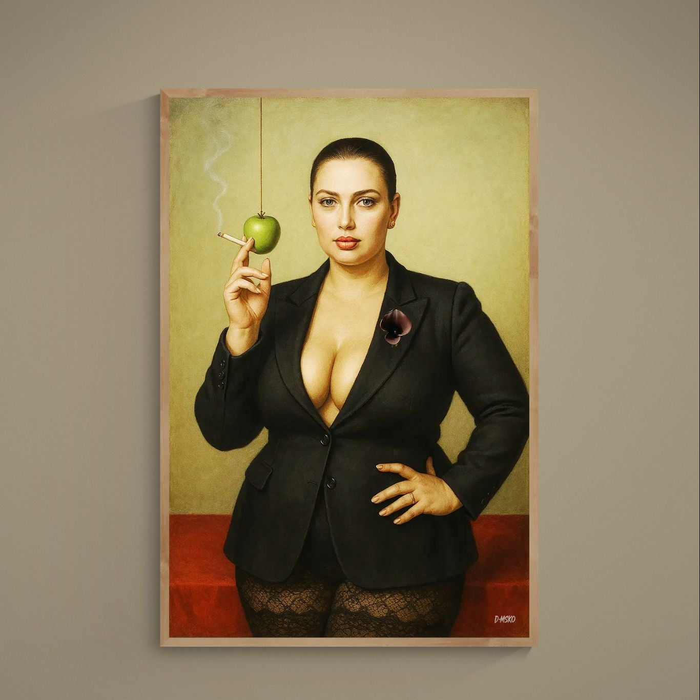 Photorealistic seated woman portrait with green apple, cigarette smoke, black jacket and calla lily brooch