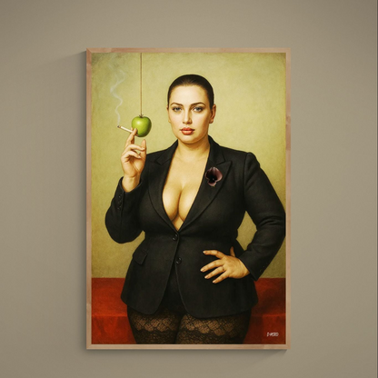 Photorealistic seated woman portrait with green apple, cigarette smoke, black jacket and calla lily brooch