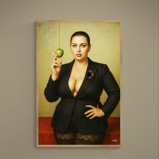 Photorealistic seated woman portrait with green apple, cigarette smoke, black jacket and calla lily brooch