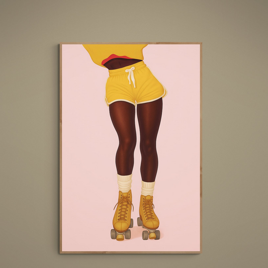 Pop-art poster of yellow shorts, cream socks and yellow quad roller skates on a pastel pink background