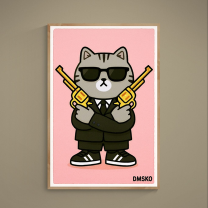 Pop art cartoon cat in suit and sunglasses holding crossed gold pistols on pink poster