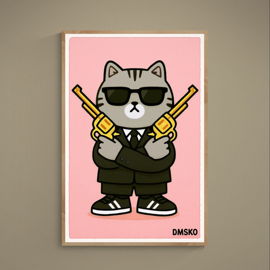 Pop art cartoon cat in suit and sunglasses holding crossed gold pistols on pink poster