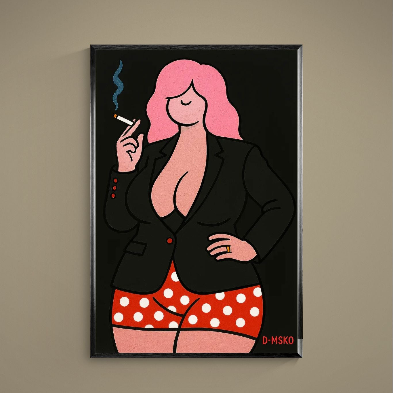 Pop-art poster of pink-haired woman in black blazer, red polka-dot shorts, and blue smoke on black background