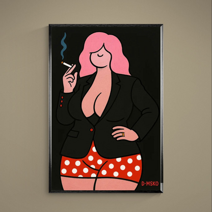 Pop-art poster of pink-haired woman in black blazer, red polka-dot shorts, and blue smoke on black background