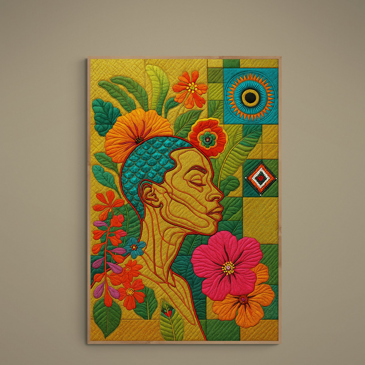 Colorful side-profile portrait with floral motifs, quilt-like panels and geometric bead patterns