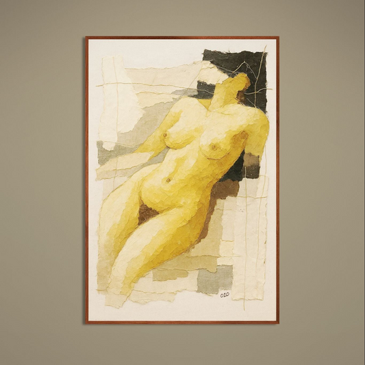 Textured collage poster of a reclining nude in yellow, beige, gray and black with thin wood-look frame