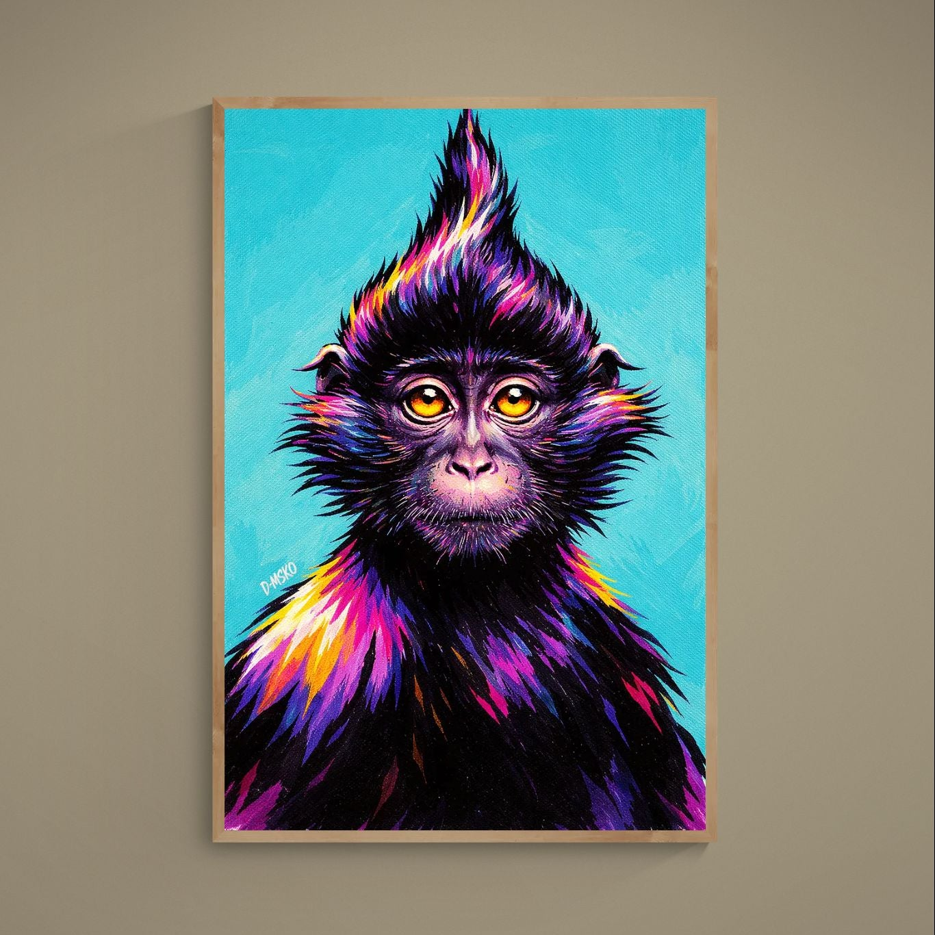 Colorful pop art monkey portrait poster with turquoise background and bright yellow-orange eyes