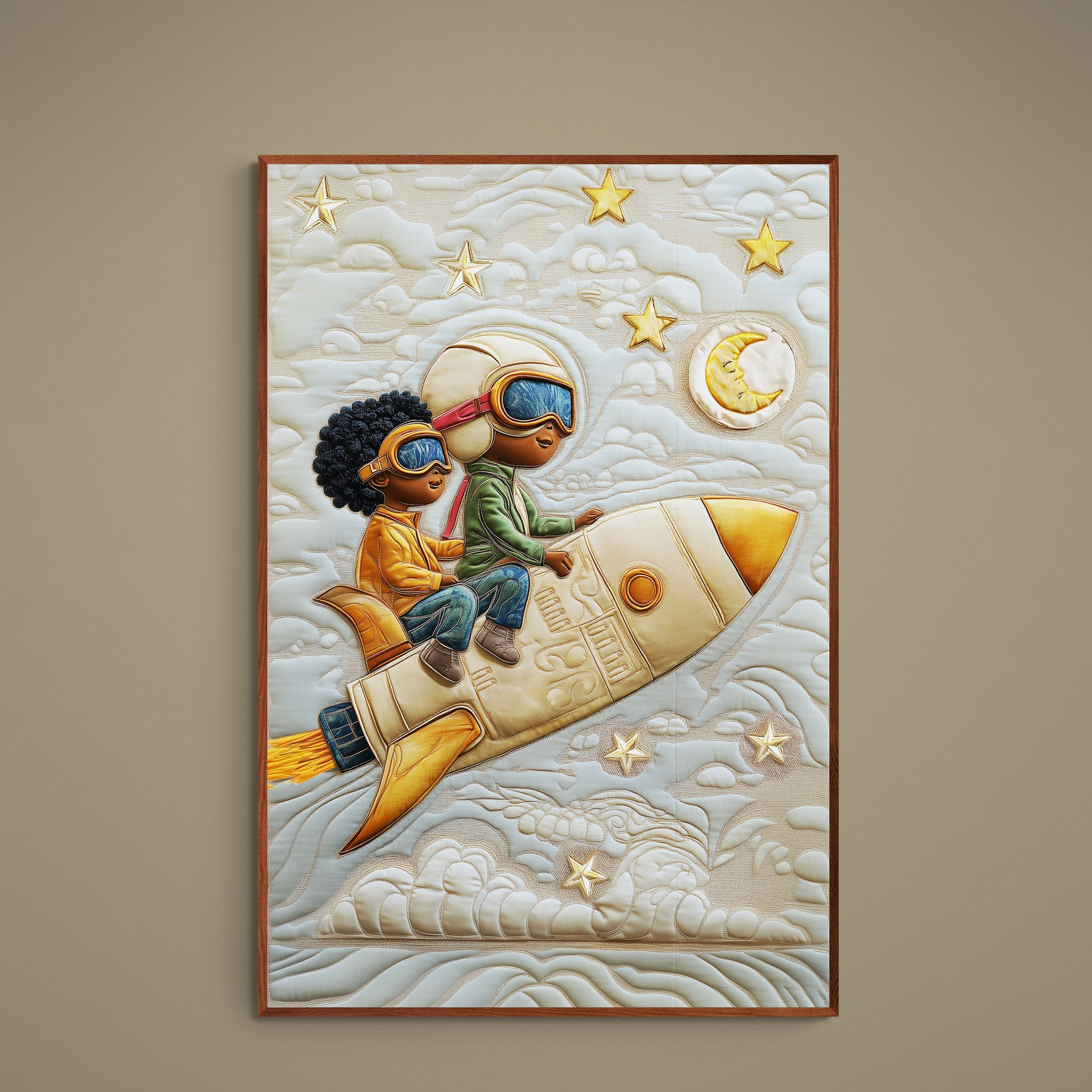 Quilt-style poster of two young spacefarers riding a rocket through clouds, gold stars and a crescent moon