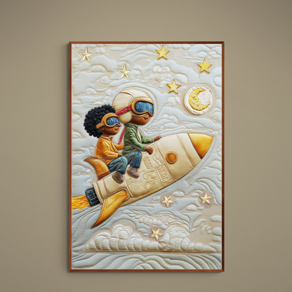 Quilt-style poster of two young spacefarers riding a rocket through clouds, gold stars and a crescent moon