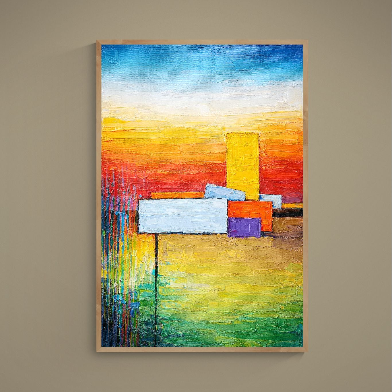 Vertical abstract poster with stacked textured color blocks in warm reds, yellows, blues, greens and white