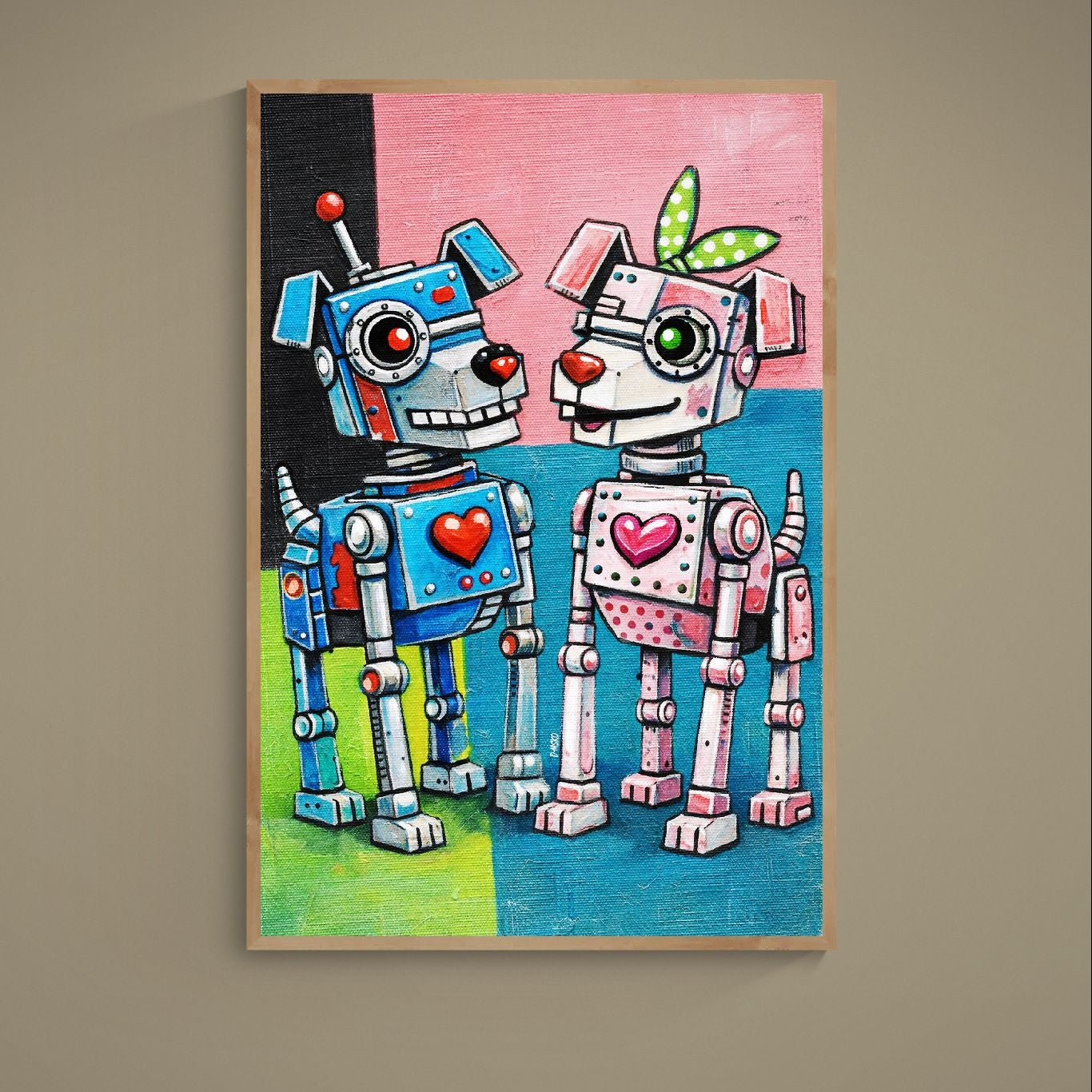 Two colorful robot dogs facing each other with heart emblems in bold naive pop art style